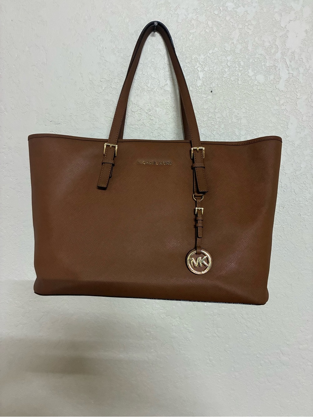 Michael Kors Brown Leather Tote with Gold MK Charm
